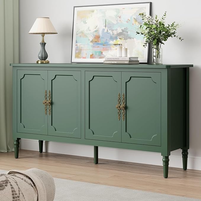RoyalCraft 59" Buffet Cabinet with Storage, Vintage Sideboard with Adjustable Shelves & Carved Handle, Mid Century Modern Painted Credenza Coffee Bar for Kitchen, Dining Room, Forest Green