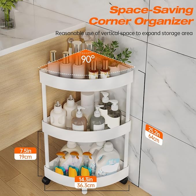 Rolling Cart with Wheels 3 Tier Bathroom Organizer Mobile Shelving Unit Utility Cart Tower Rack Multifunction Utility Storage carts, Kitchen Storage Organizer for Kitchen Laundry Narrow Places, White