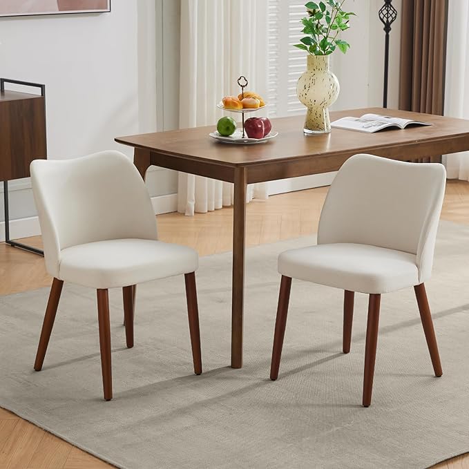 Dining Chair Set of 4, Linen Upholstered Dining Chair with Solid Wood Legs, Wing Backrest, Wooden Kitchen Chair, Kitchen Chairs with Thick Cushions for Dining Room, Living Room, White