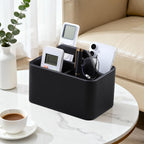 Caddy Organizer with Handle, PU Leather Remote Control Holder Desk Caddy, Portable Makeup Office Supply Organizer for Bathroom, Nightstand, Dresser (Black)