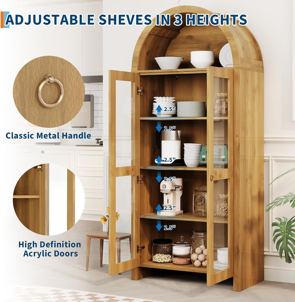 CuisinSmart 70" Tall Arched Storage Cabinet with 2 Acrylic Doors, Wooden Pantry Cabinet with Adjustable Shelves, Modern Accent Bookshelf for Kitchen, Dining Room, Living Room, Laundry, Oak
