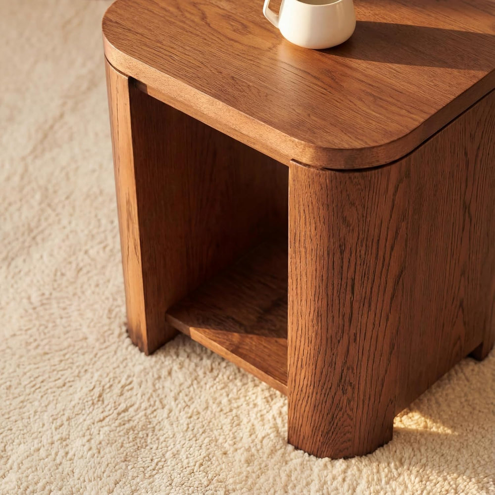 Ovelo End Table Solid Wood Oak Side Table with Storage Shelf, Modern Small Ac...