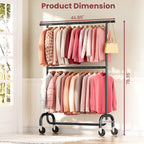 Heavy Duty Clothes Rack Load 600 LBS, Rolling Clothing Rack for Hanging Clothes with Lockable Wheels, Double Rod Garment Rack for Bedroom, Laundry, Living Room, Black
