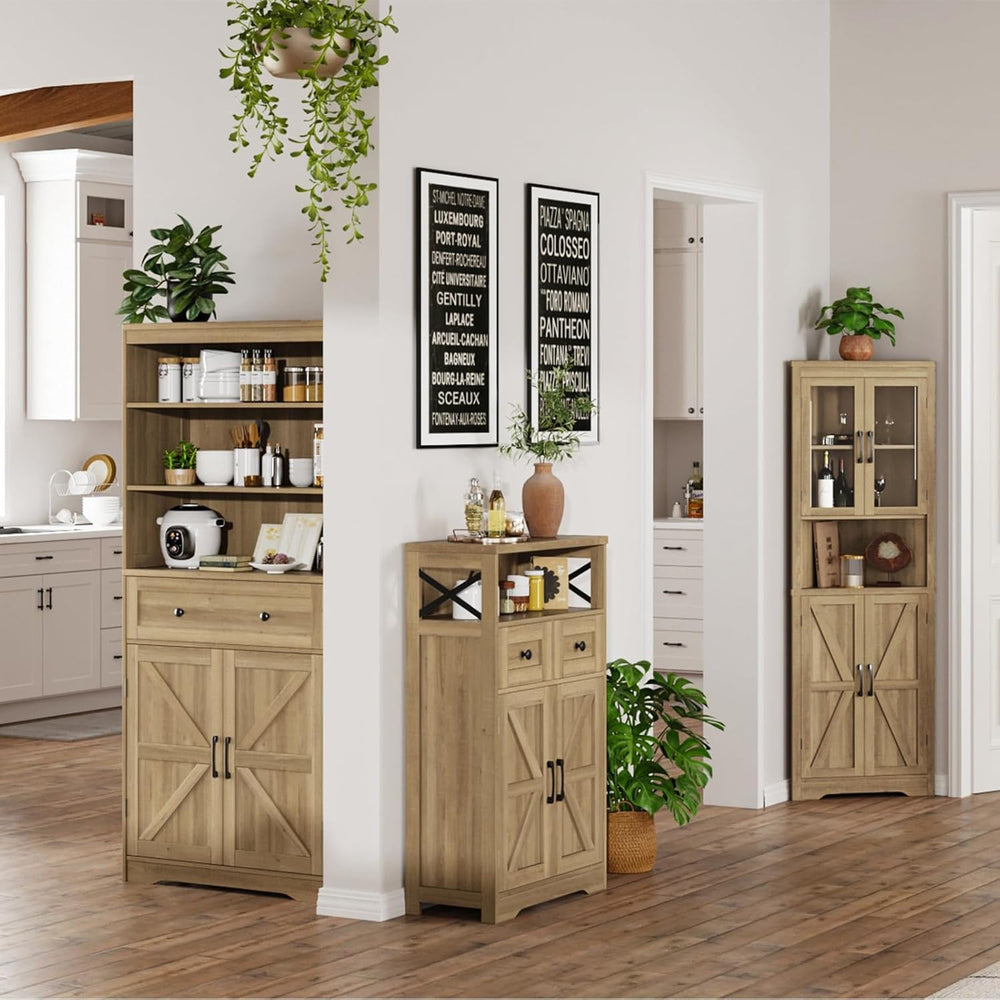 FiveWillowise Natural Storage Cabinet with Doors and Shelves, Standing Kitche...