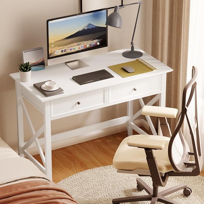 White Computer Desk with 2 Drawers, Modern Makeup Vanity Desk with Storage, Writing Desk for Home Office, 42'' Long Study Simple White Desk for Bedroom Console Table Living Room