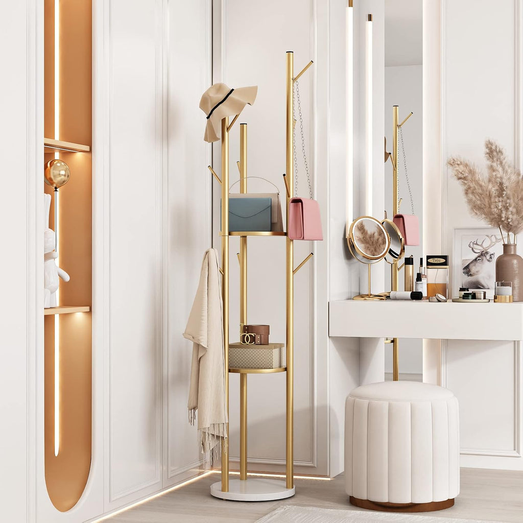 DOORXIFO Metal Gold Coat Racks Freestanding, Coat Hanger Stand, Hall Tree Rack for Hanging Hats, Scarves, Bags, Modern Coat Rack with Double Shelves, Corner Coat Rack, 9 Hooks, Gold