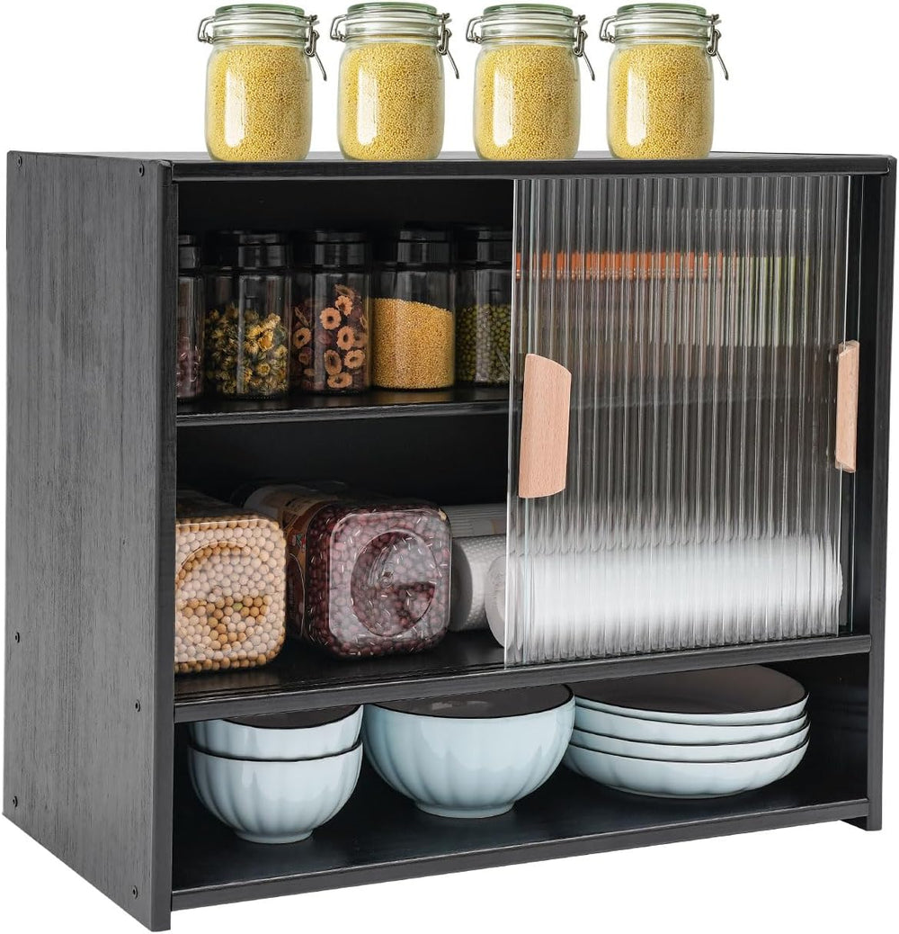 Countertop Storage Cabinet with 2 Sliding Striped Glass Doors, Freestanding K...