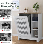 Tilt Out Laundry Hamper Cabinet with Louvered Door, Canvas Basket and 3 Open Side Shelves, Hidden Trash Can Cabinet, Ideal for Laundry, Kitchen, Bathroom, White