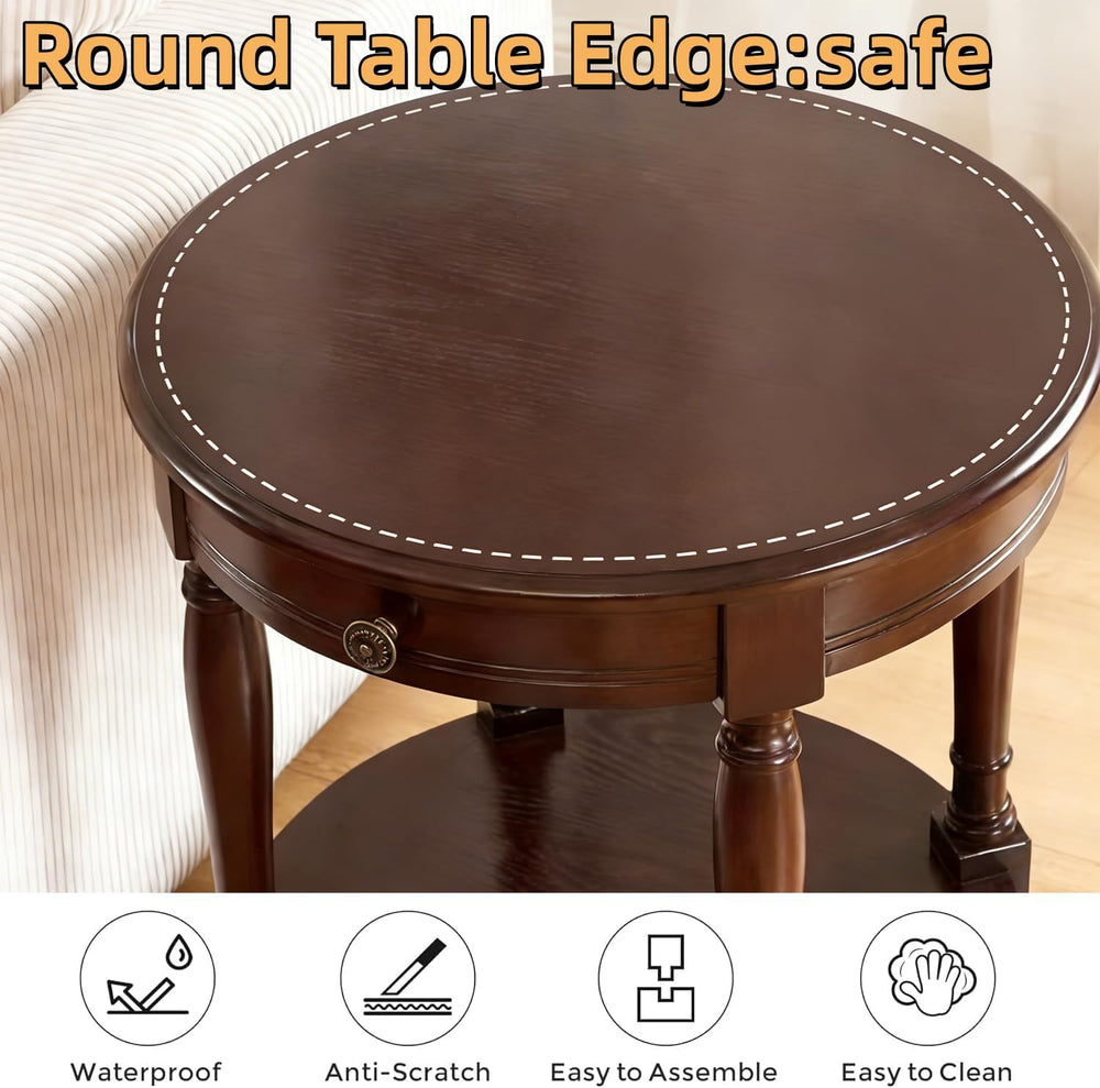 YUNMUAIR-Solid Wood End Table,Round Side Table with Drawers,Vintage Nightstan...