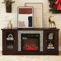 TV Stand with Electric Fireplace & Storage Cabinet, Entertainment Center with 2 Glass Door, Faux Stone Media Console Table for Living Room (Cherry,58" with Fireplace)