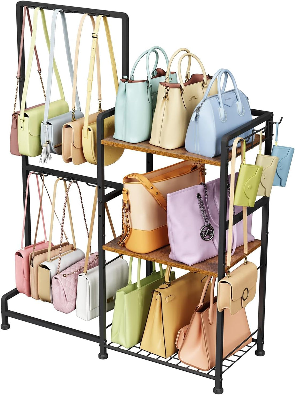 Purse Storage Organizer for Women, 3-Tier Max Purse Storage Stand Rack Holder & Bag Shelf for Closet,12 Fixed Hooks& 3 Side Hooks,Keeping Purses Visible,Purse Display & Bag Organizer for Various Bags