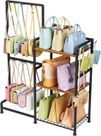 Purse Storage Organizer for Women, 3-Tier Max Purse Storage Stand Rack Holder & Bag Shelf for Closet,12 Fixed Hooks& 3 Side Hooks,Keeping Purses Visible,Purse Display & Bag Organizer for Various Bags