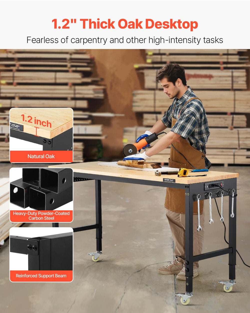 VEVOR Adjustable Workbench, 60 Inch Work Bench with Power Outlet, Wheels, and...