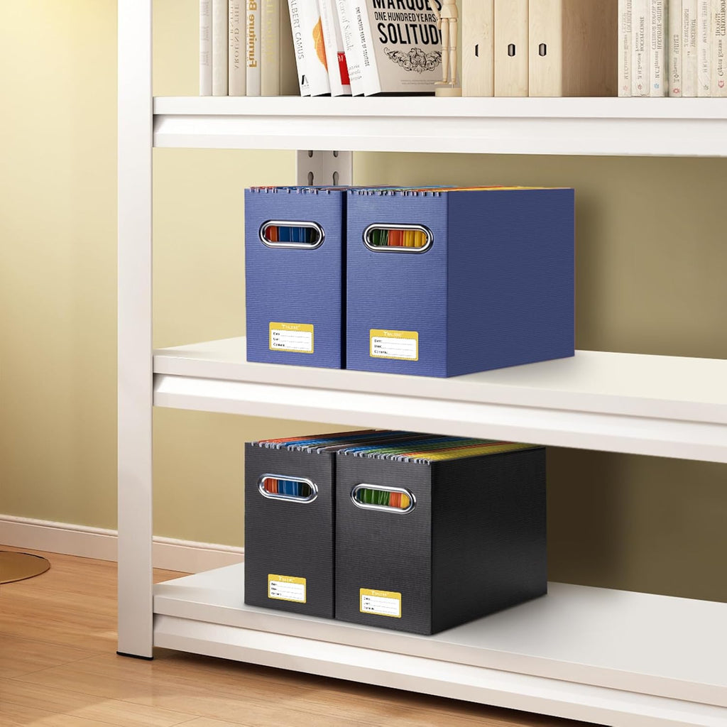 BALEINE File Organizer Box, Cardboard File Folder Organizer with Handle for Letter Size, Portable Collapsible Hanging Filing Box for Home Office Document Storage (4 Pack, Navy)
