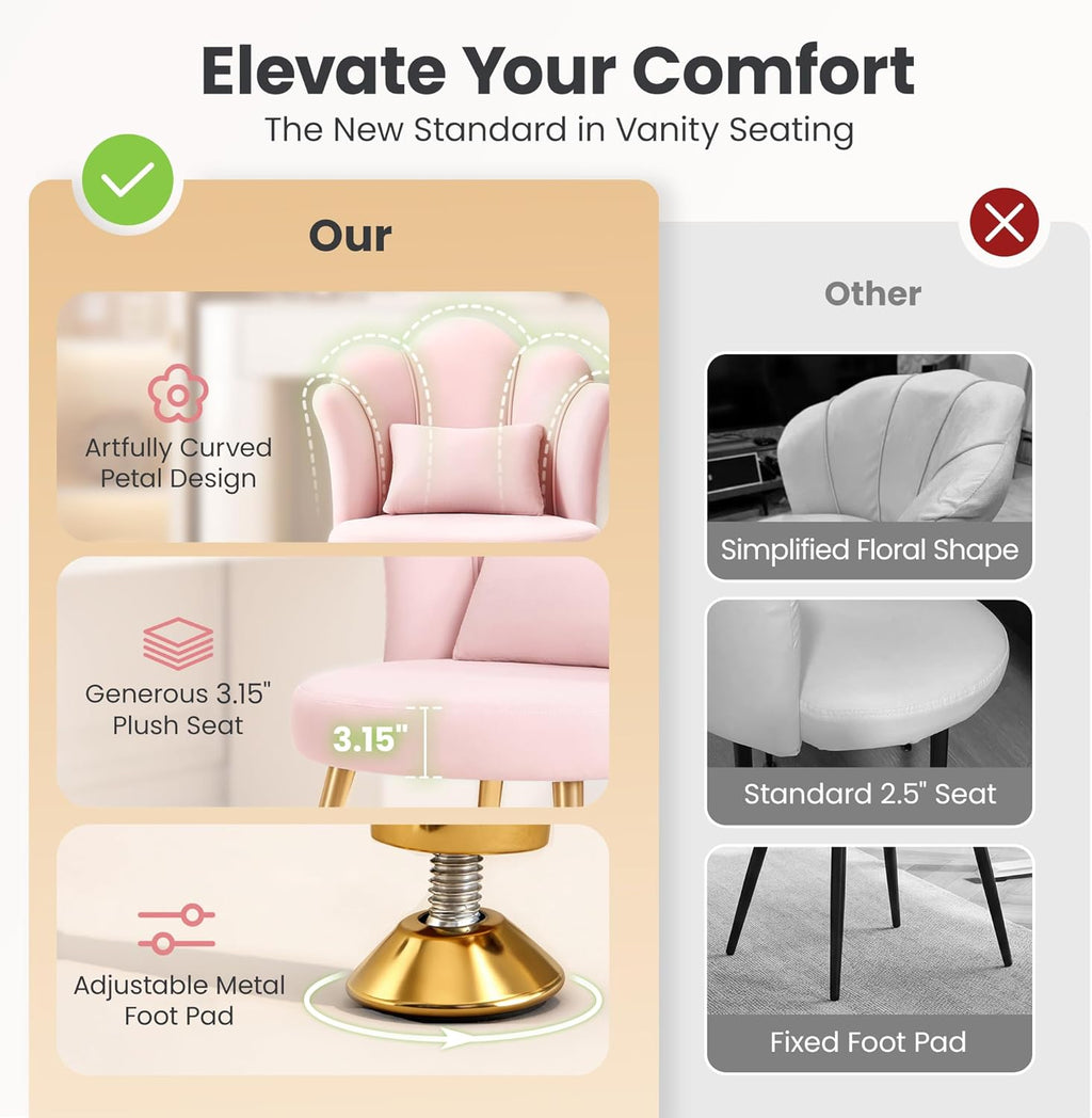 BestGlory Petal Makeup Vanity Chair with Back, Flower Chair Comfy No Wheels for Girls Women, Makeup Chair with Golden Metal Legs & Lumbar Pillow for Living Room/Makeup Room/Bedroom/Home Office - Pink