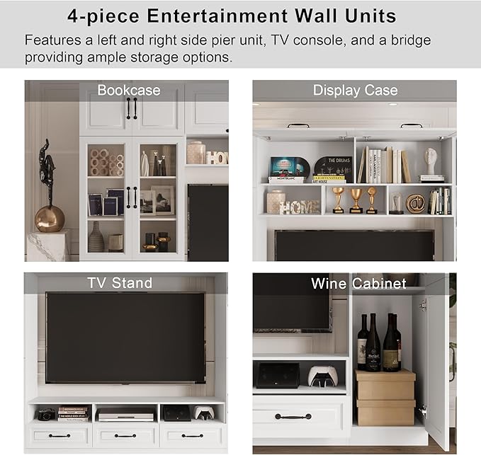110.2" Entertainment Center Wall Unit with Glass Doors & Drawers, Large Wall Unit TV Stand for TVs up to 70", Media Console Table for Living Room, Can be Split into 4 Separate Cabinet, White