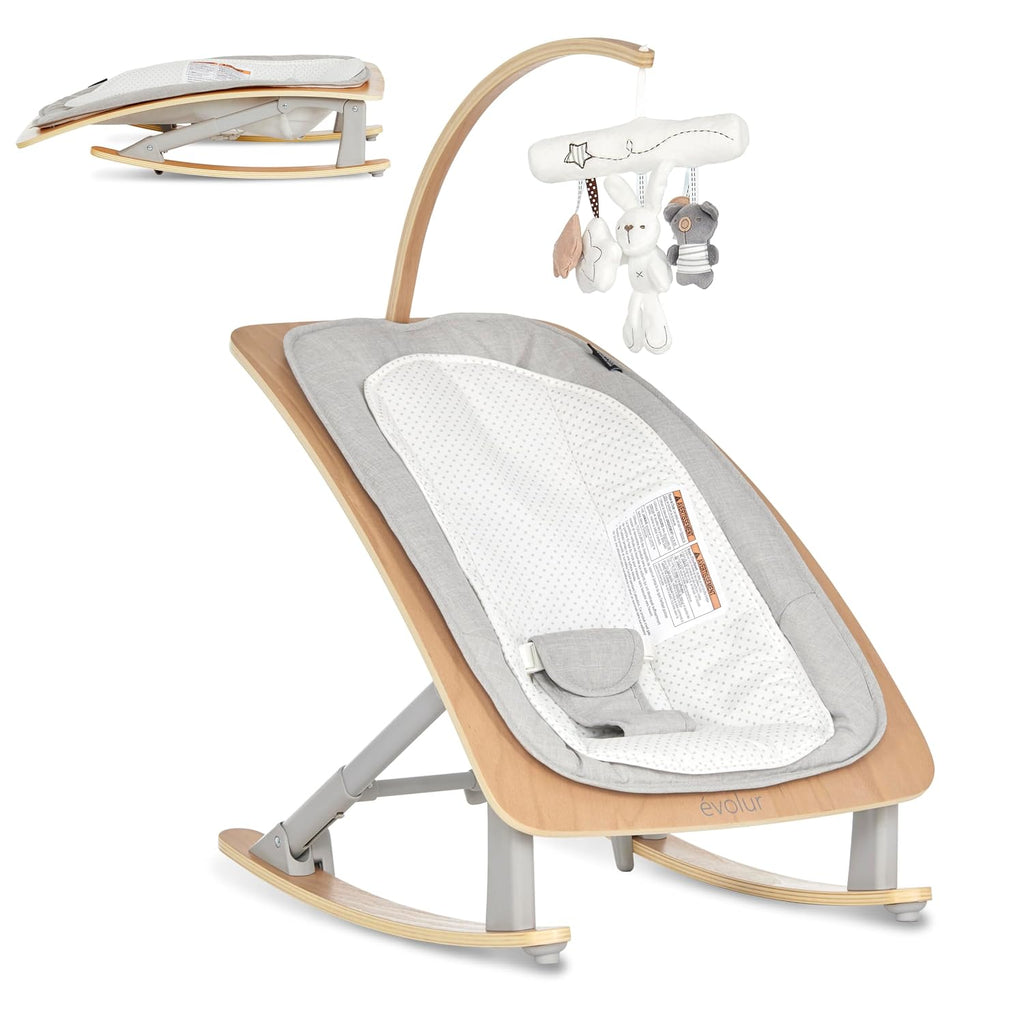 Evolur Tory 2-in-1 Baby Bouncer Rocker Chair, Portable Easy Folding Adjustable Bouncer, No Assembly, One-Hand Fold Newborn Bouncer, 3 Recline Levels, Removable Wooden Toy Bar - Light Gray