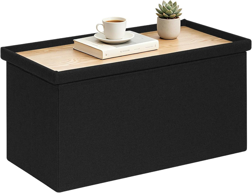30 Inch Folding Storage Ottoman with Reversible Lid Coffee Table, Linen Fabri...