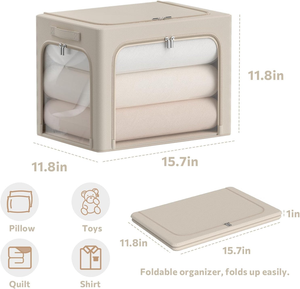 CYhom 3Pack Clothes Storage Bins - Oxford Frame Storage Box Foldable Stackable Storage Organizer with 3 Openings Design, Metal Frame, Clear Window, Carry Handles (36L-15.7 * 11.8 * 11.8in, Beige)