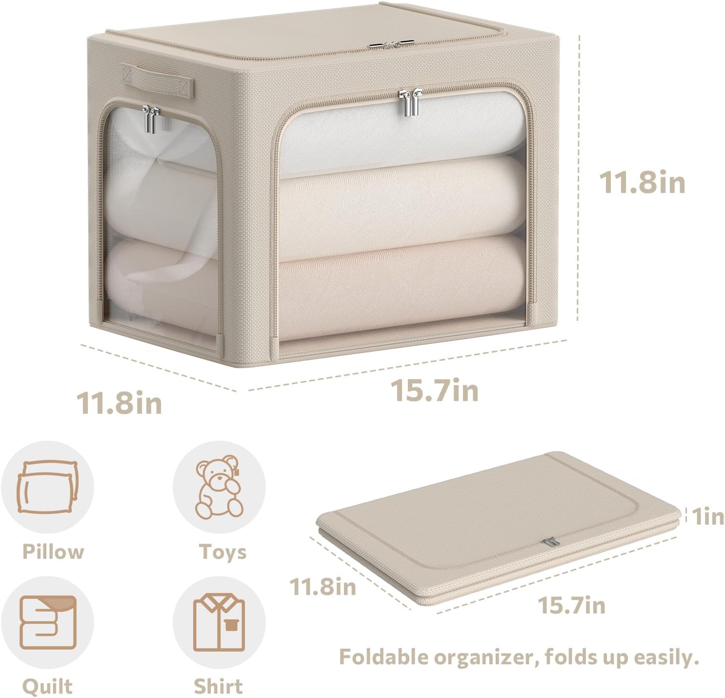 CYhom 3Pack Clothes Storage Bins - Oxford Frame Storage Box Foldable Stackable Storage Organizer with 3 Openings Design, Metal Frame, Clear Window, Carry Handles (36L-15.7 * 11.8 * 11.8in, Beige)