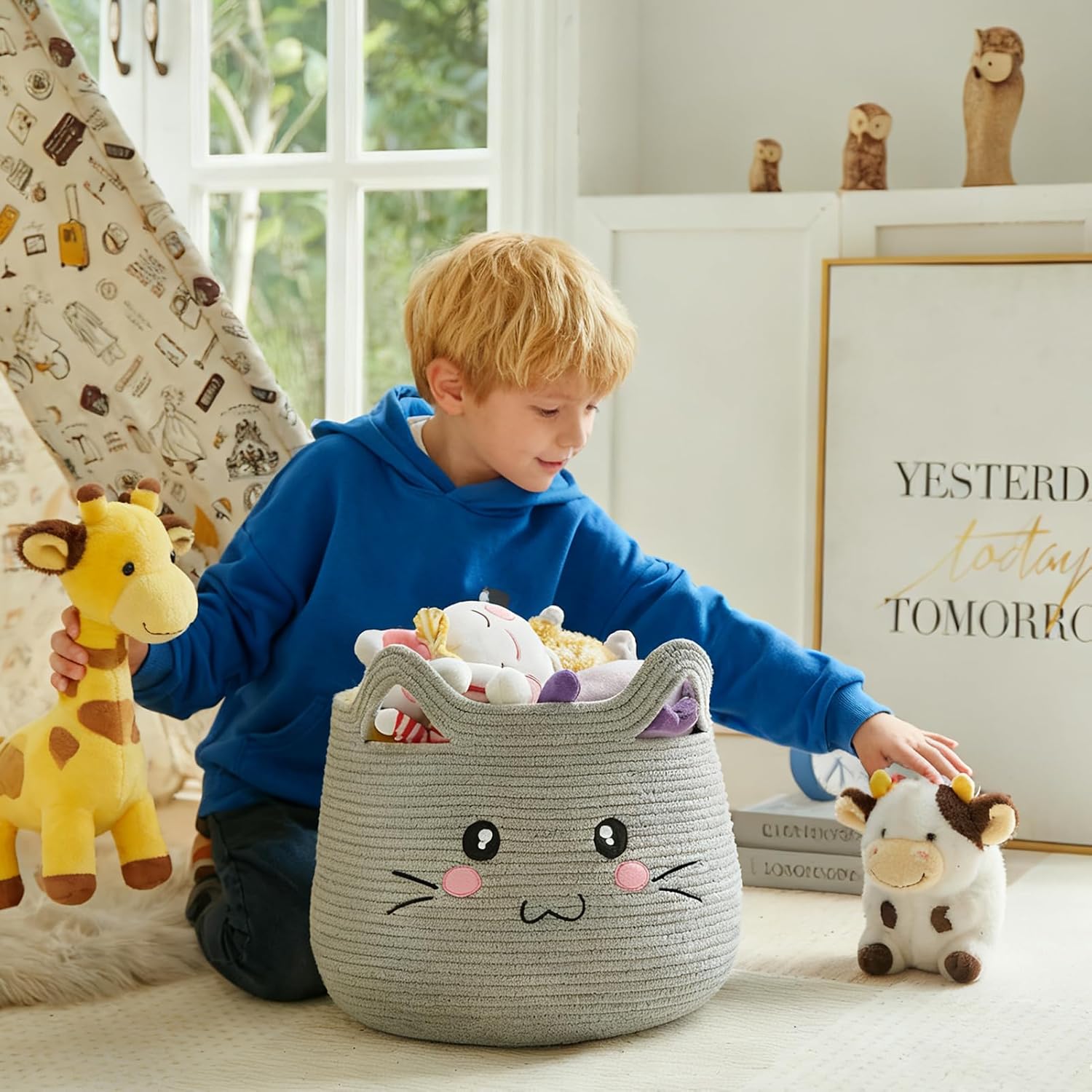 VK VK·LIVING Cat Storage Basket - Large Woven Cotton Rope Toy & Laundry Organizer with Handles for Nursery, Bedroom, Living Room, Holds Blankets, Clothes, Toys (15”D x 14”H)