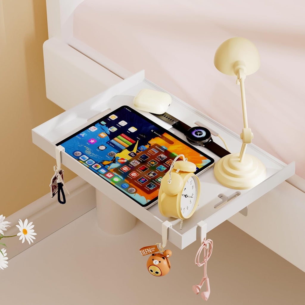 Foldable Bedside Shelf, Metal Clip-On Bed Tray Table for Bunk Bed & Dorm Beds, Dorm Room Essentials Organizer for College Students, Floating Tray, Space Saving Nightstand for Loft Beds (White, Large)