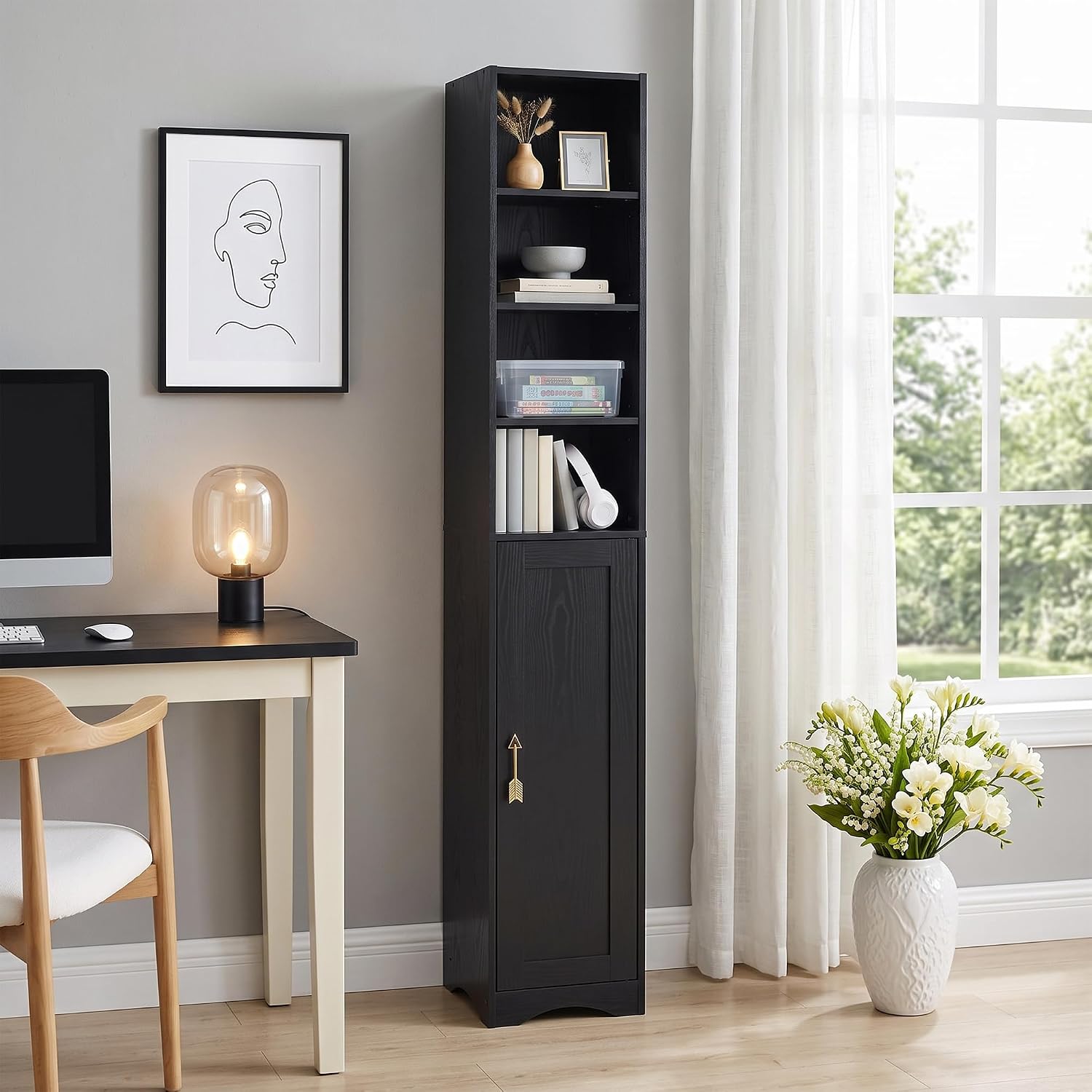 VECELO Narrow Tall Cabinet with Closed Door, 6 Adjustable Movable Shelves, Wood Space Saving Corner Storage Unit, Sleek Black