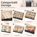 BOOVO Jewelry Box For women, 6 Layer Large Jewelry Organizer With Mirror, Multi-Function Storage Box With Lock, Necklace Holder With 5 Drawers, For Earrings Necklace Bracelet (Silver and Black)