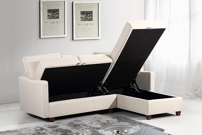 Container Furniture Direct Sectional Sofa with Storage – Modern Upholstered Living Room Couch, Reversible Chaise for Home, Apartment, Office, 81.9” L, Beige