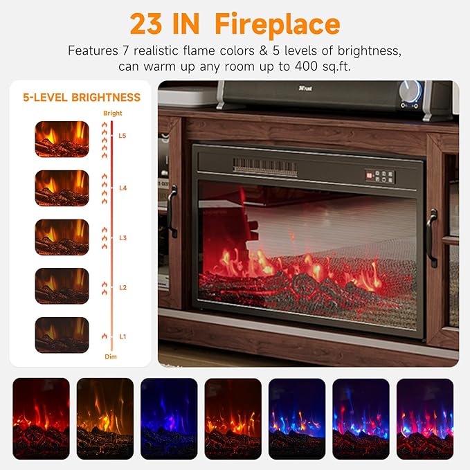 58" TV Stand with Electric Fireplace, Modern Entertainment Center for TVs Up to 80 Inches, Farmhouse Media Console with Storage Cabinets & Doors for Living Room, Brown and Black