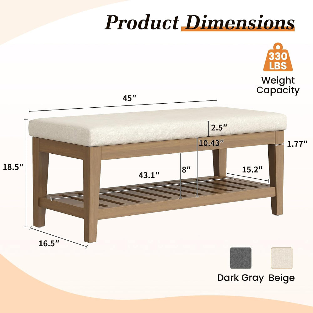 Apicizon 45" Shoe Rack Bench with Cushion, Solid Rubberwood Entryway Ben...
