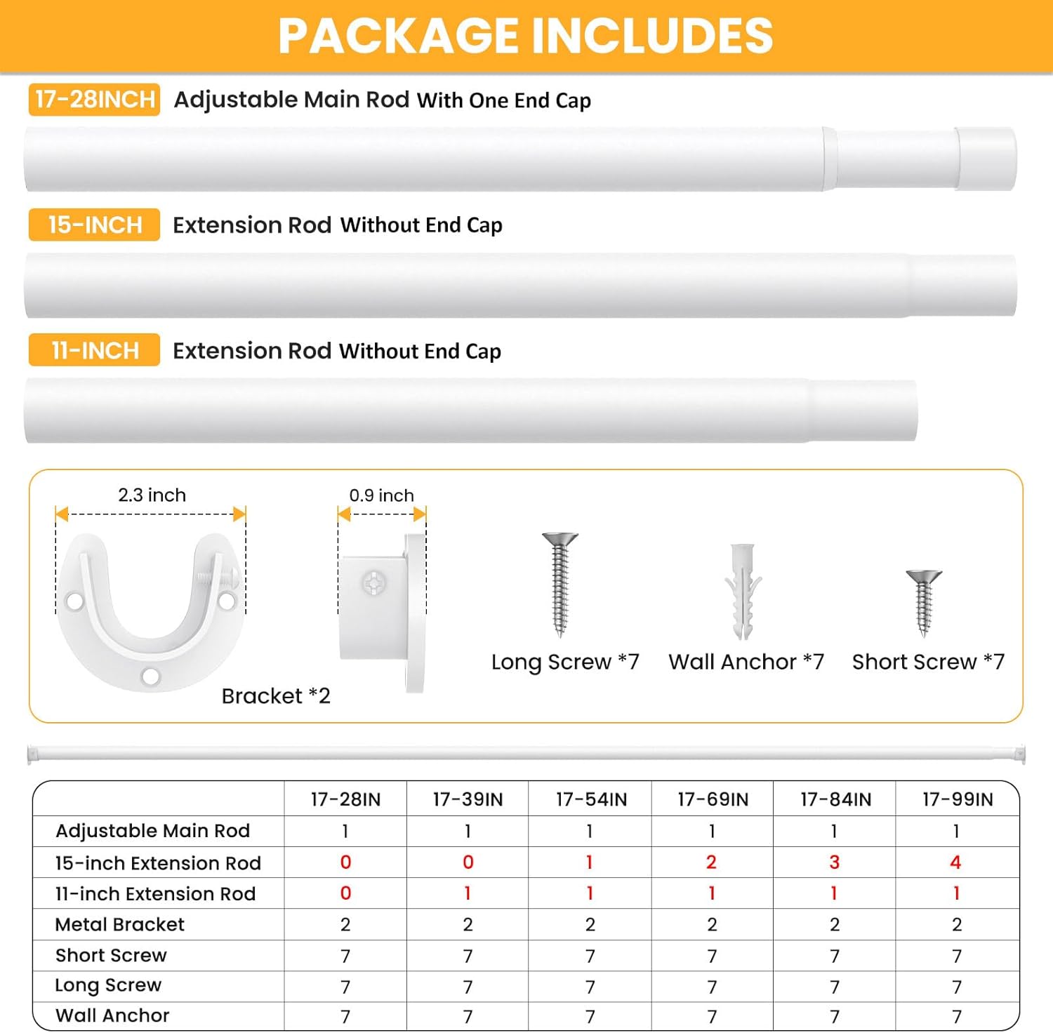 Closet Rods for Hanging Clothes, 17-28 Inch No-Cut Stepless Adjustable Closet Rod, 1.3 Inch Heavy Duty Metal Closet Hanging Rod with Brackets, White Closet Bar for Closet, Laundry Room, RV, Wardrobes