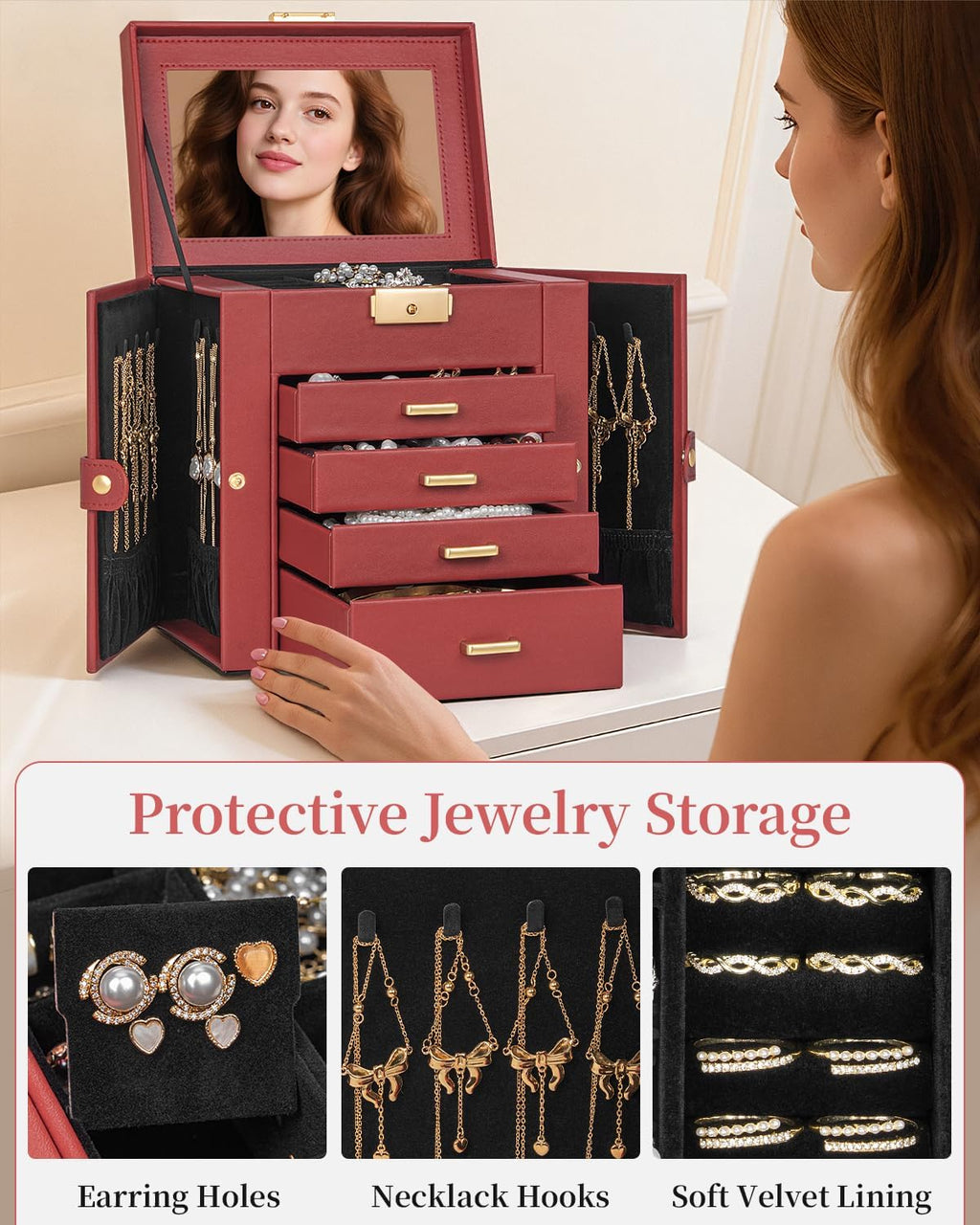 TORIBIO Jewelry Box for Women, Leather Jewelry Organizer with Mirror & Lock, 5-Tier Jewelry Storage Organizer with 4 Drawers for Girls/Women/Mothers, Necklace Earring Bracelets Holder Organizer