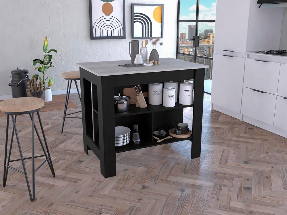 Kitchen Island with Four Legs and Three Shelves - Black/Ibiza Marble | Three ...