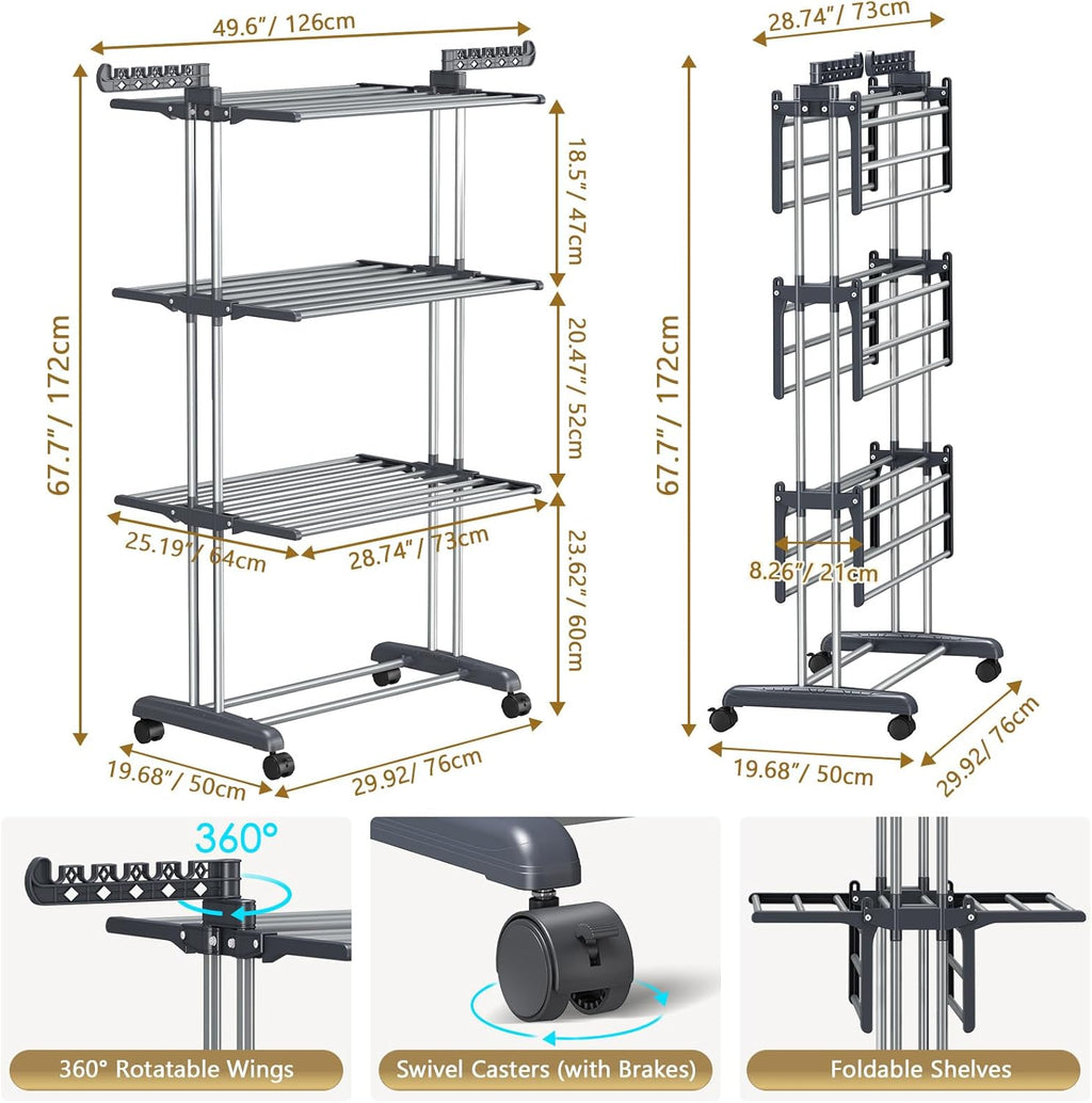 PurKeep 𝟔𝟓% 𝐎𝐅𝐅 Clothes Drying Rack with Wheels, 4 Tier Folding Drying Rack, Heavy Duty Laundry Drying Rack with Expandable Side Wings, Indoor Outdoor Clothes Air Drying Rack for Large Family