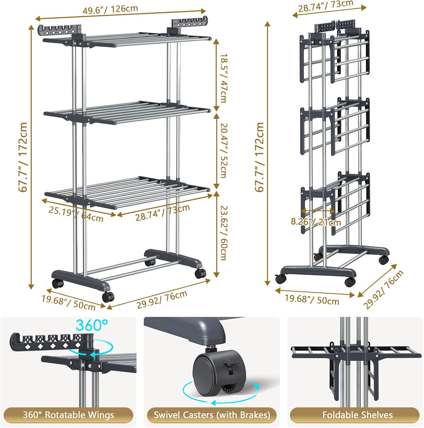 PurKeep 𝟔𝟓% 𝐎𝐅𝐅 Clothes Drying Rack with Wheels, 4 Tier Folding Drying Rack, Heavy Duty Laundry Drying Rack with Expandable Side Wings, Indoor Outdoor Clothes Air Drying Rack for Large Family