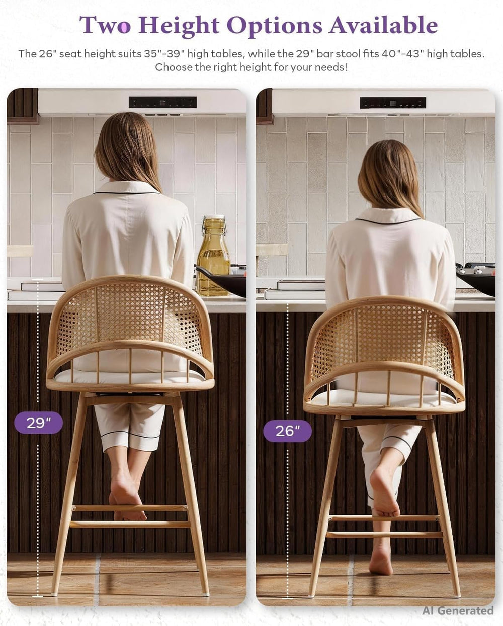 26'' Barstools Set of 4, Rattan Counter Height Swivel Stools for Kitchen