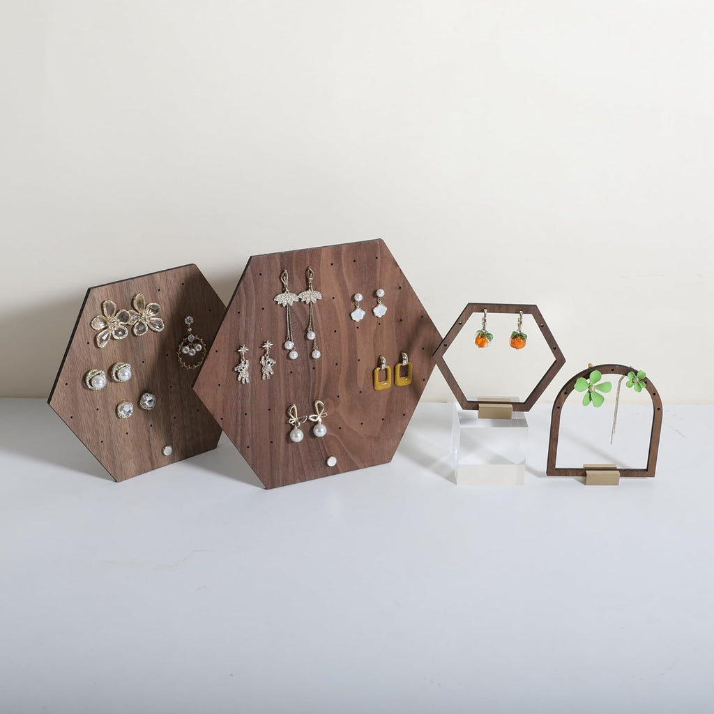 GemeShou Hexagonal Earring Organizer stand, Walnut Plywood Jewelry Display Board for Hanging earring studs, Perfect for Storing and Showcasing Your Jewelry Collection【Set of Two Size】