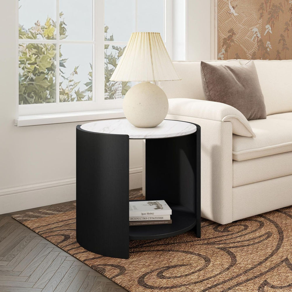 DDAYALANE Farmhouse Wooden Bedside Table for Living Room, White Faux Marble T...