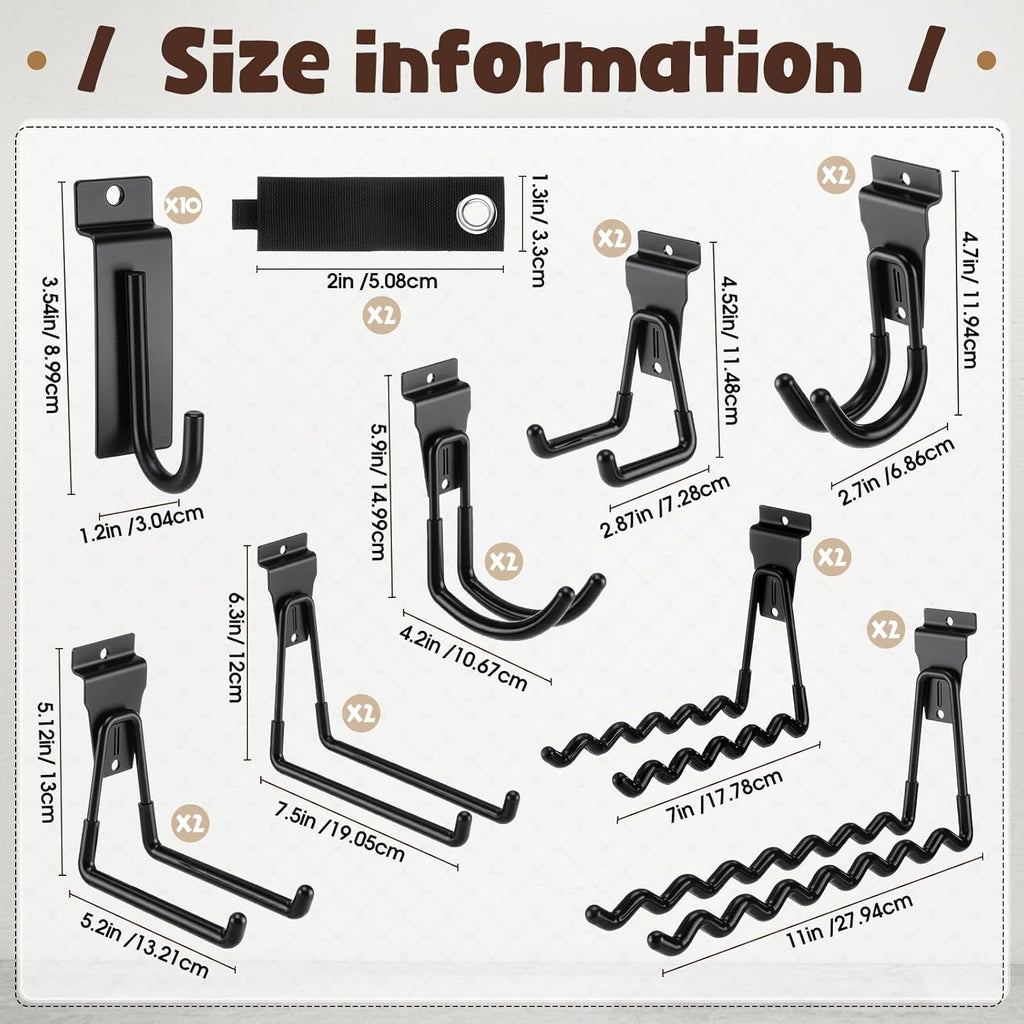 Landhoow 26 Pack Slatwall Accessories, 24 Pcs Multi Size Heavy Duty Slat Wall Hanging Hooks & Hangers with 2 Pcs Storage Straps for Storage Garage Wall Organization Garden Home Slatwall Paneling