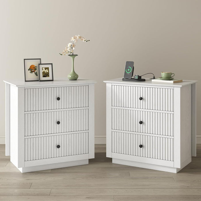 24" Wide Nightstand with Charging Station, Modern Fluted Bedroom Nightstand with Drawers, Wood Night Stand with Storage and Outlet, Large Bedside Table for Bedroom, White