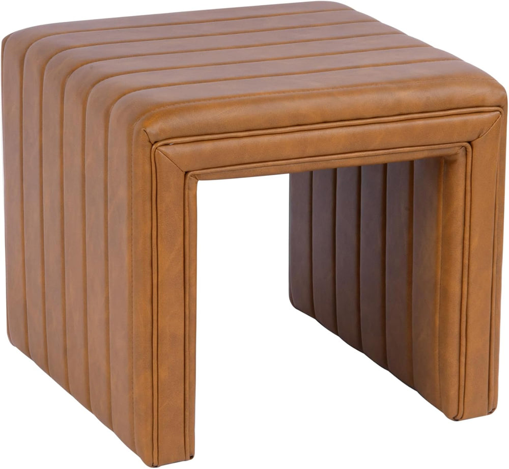 HomePop 19" Modern Channel Tufted Ottoman - Carmel Brown Faux Leather