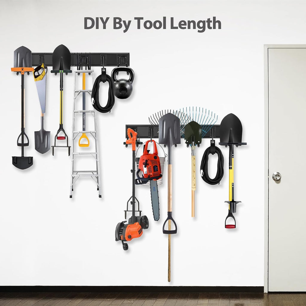 Garage Organzier Wall Mount, 48 Inch Garden Tool Organizer, 16PCS Heavy Duty Garage Storage Organization, Adjustable Tool Storage Rack Hooks, Yard Shed Tool Organizer Hold Max 450 lbs