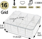ZEXALOR Socks Underwear Drawer Organzier Dividers, 16 Compartment Removable Divided Plastic Storage Bin with Lid, Storage Organizer for Scarves Ties Bras, Clear Dresser Drawer Organizers