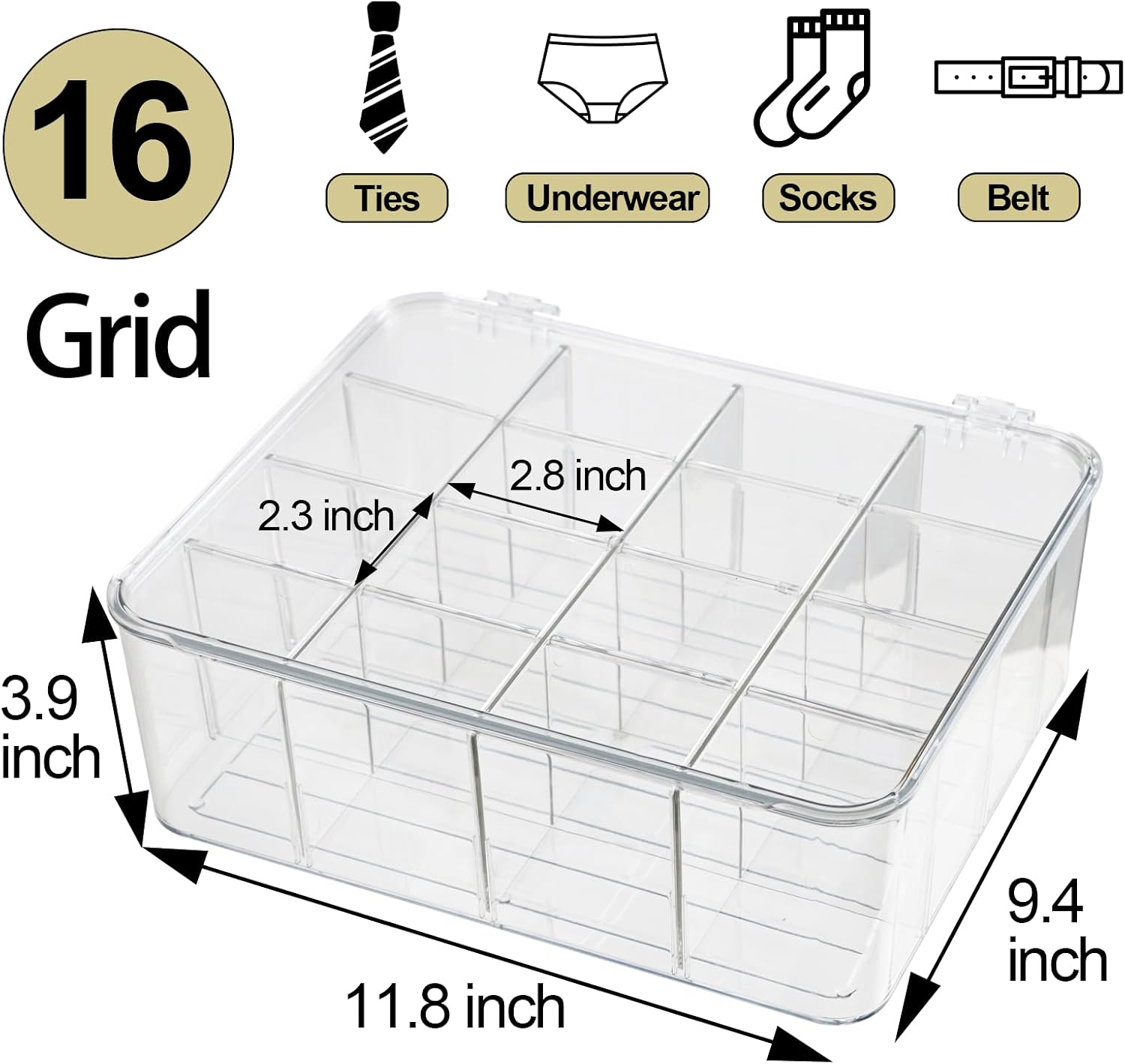 ZEXALOR Socks Underwear Drawer Organzier Dividers, 16 Compartment Removable Divided Plastic Storage Bin with Lid, Storage Organizer for Scarves Ties Bras, Clear Dresser Drawer Organizers