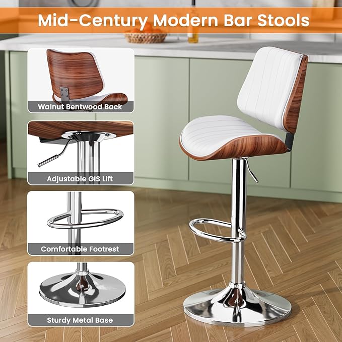 Swivel Bar Stools Set of 4, Adjustable Bentwood Barstools for Kitchen Counter, Modern PU Leather Upholstered Bar Chair with Back and Footrest, for Kitchen Island, Bar, Dining Room, White