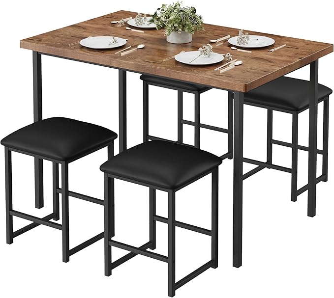 VECELO Kitchen Table and Chairs for 4, Dining Room Set with PU Chairs/Stools, Heavy-Duty Metal Frame, Wooden Tabletop, Space-Saving Design for Small Spaces, Easy Assembly, Classic Brown