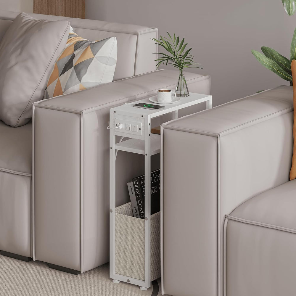 Leomonio White Side Table with Charging Station, Slim End Tables with Linen B...