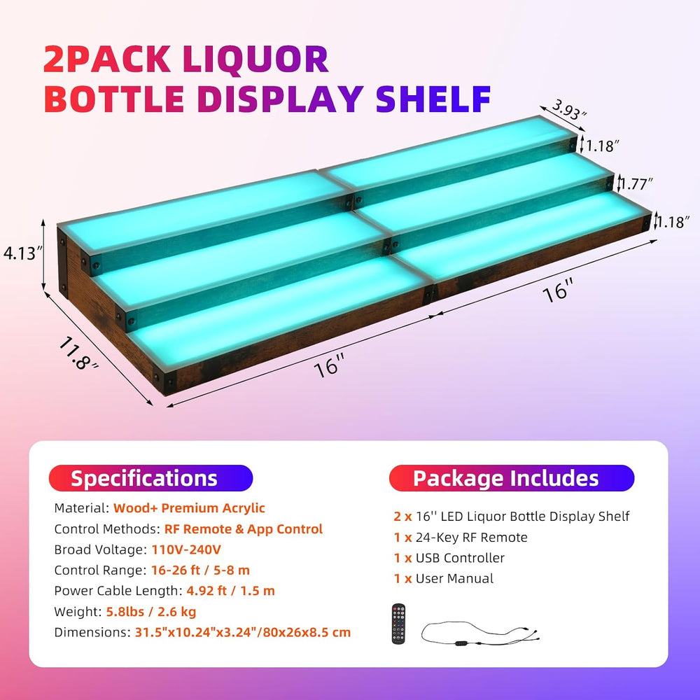 2-Pack 16‘’ LED Lighted Liquor Display, 3-Tier 32Inch Total Bar Shelves for L...
