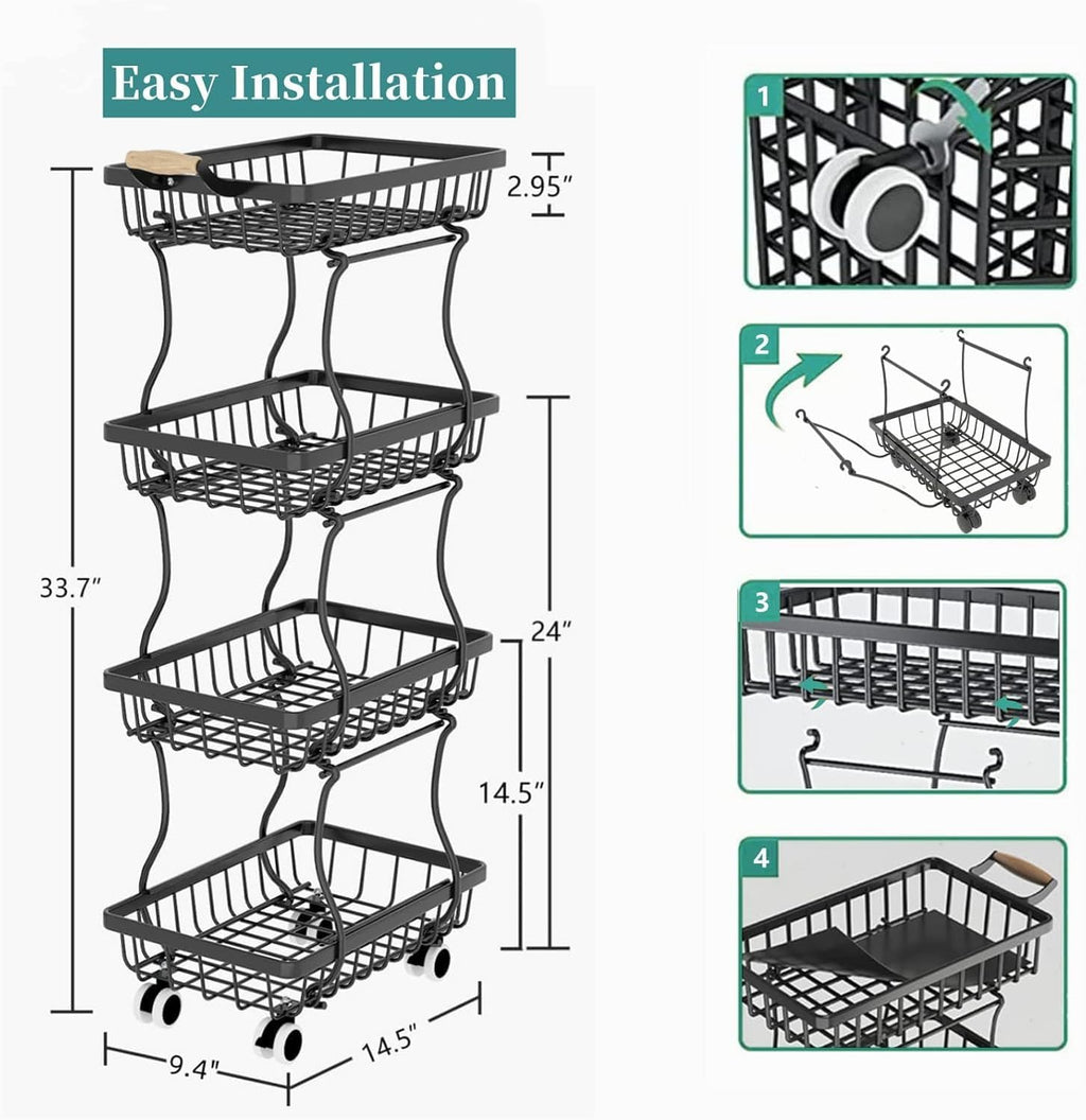 Stackable Fruit Vegetable Basket 4 Tier Kitchen Storage Rolling Cart | metal frame, 9.4“ width for small ppace, easy assembly, veggie rack for potato onion produce apple banana, move smoothly
